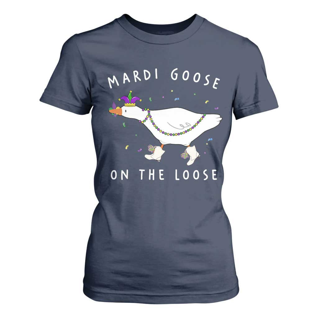 Mardi Goose On The Loose T Shirt For Women Funny Mardi Gras Carnival Parade TS11 Navy Print Your Wear