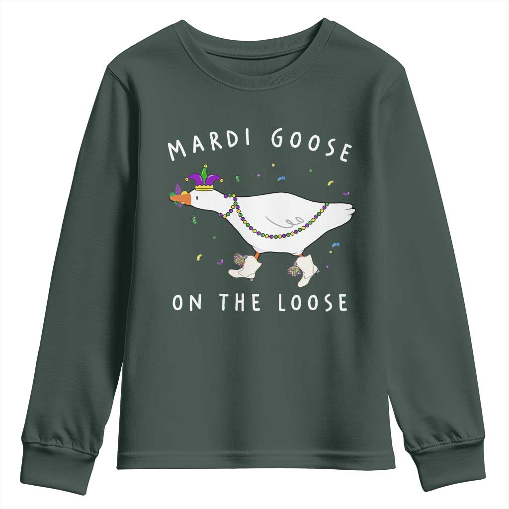 Mardi Goose On The Loose Youth Sweatshirt Funny Mardi Gras Carnival Parade TS11 Dark Forest Green Print Your Wear