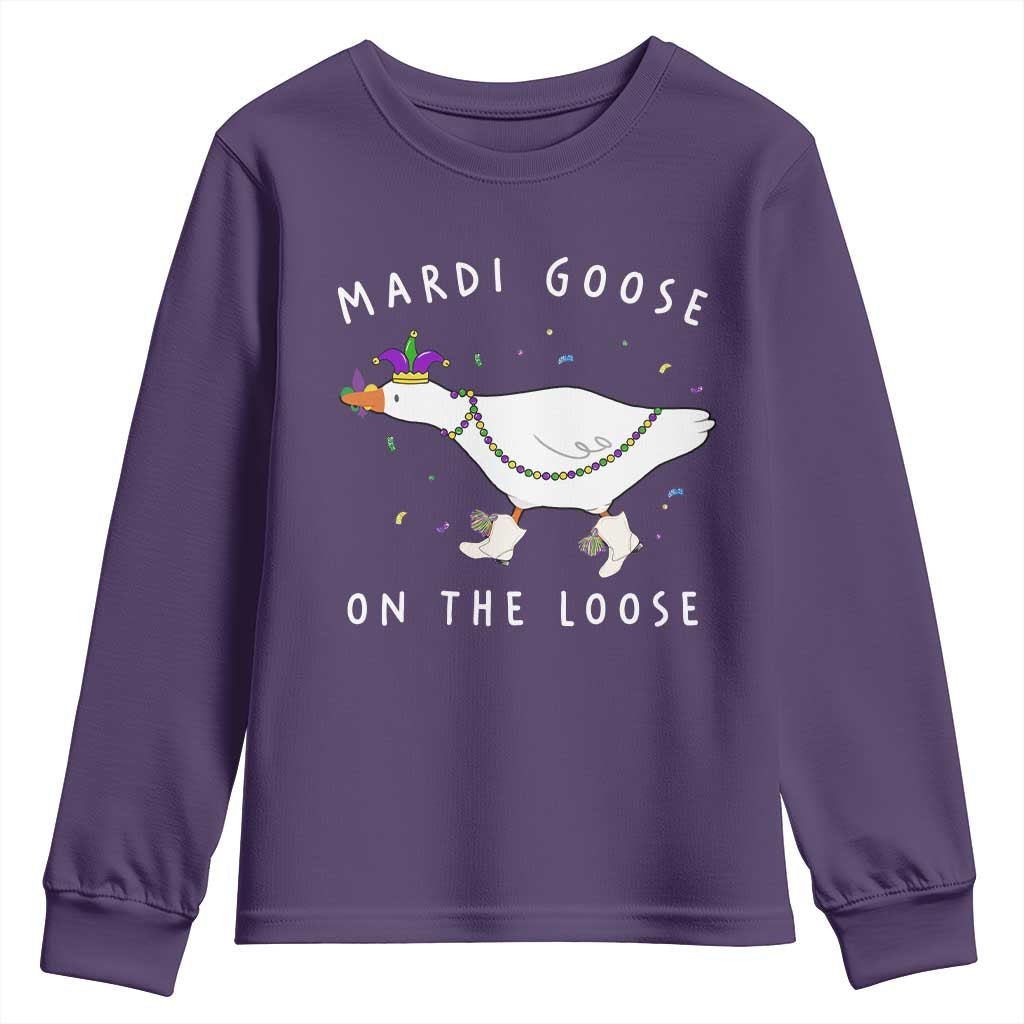 Mardi Goose On The Loose Youth Sweatshirt Funny Mardi Gras Carnival Parade TS11 Purple Print Your Wear
