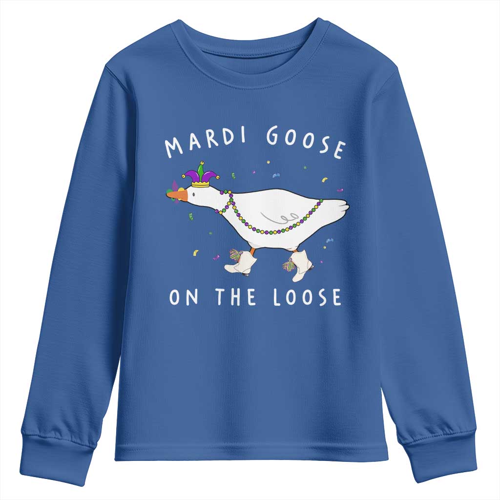 Mardi Goose On The Loose Youth Sweatshirt Funny Mardi Gras Carnival Parade TS11 Royal Blue Print Your Wear