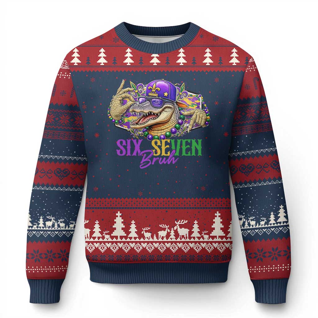 Funny Mardi Gras Six Seven Bruh Ugly Christmas Sweater 67 Meme Mardigator Alligator TS11 Navy Red Print Your Wear