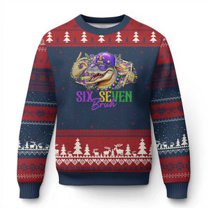 Funny Mardi Gras Six Seven Bruh Ugly Christmas Sweater 67 Meme Mardigator Alligator TS11 Navy Red Print Your Wear
