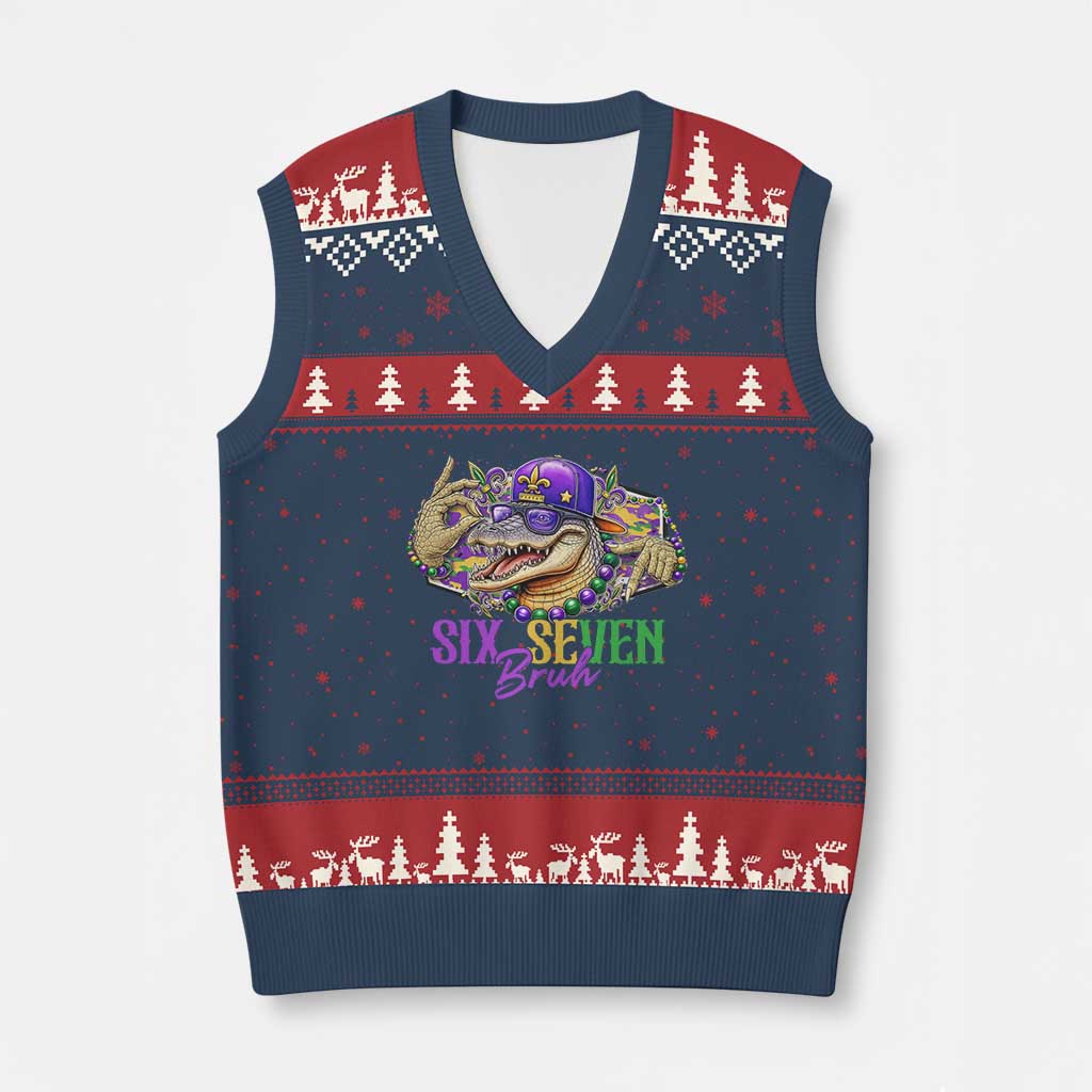 Funny Mardi Gras Six Seven Bruh V-Neck Knit Sweater Vest 67 Meme Mardigator Alligator TS11 Navy Red Print Your Wear
