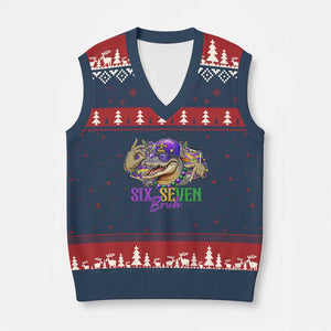 Funny Mardi Gras Six Seven Bruh V-Neck Knit Sweater Vest 67 Meme Mardigator Alligator TS11 Navy Red Print Your Wear
