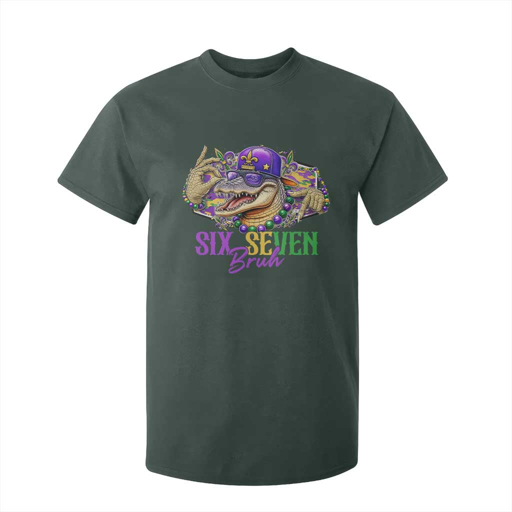 Funny Mardi Gras Six Seven Bruh T Shirt For Kid 67 Meme Mardigator Alligator TS11 Dark Forest Green Print Your Wear