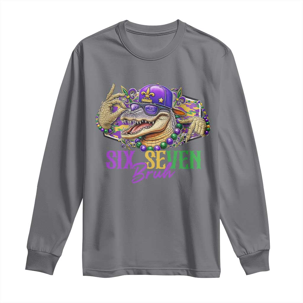 Funny Mardi Gras Six Seven Bruh Long Sleeve Shirt 67 Meme Mardigator Alligator TS11 Charcoal Print Your Wear