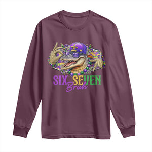 Funny Mardi Gras Six Seven Bruh Long Sleeve Shirt 67 Meme Mardigator Alligator TS11 Maroon Print Your Wear