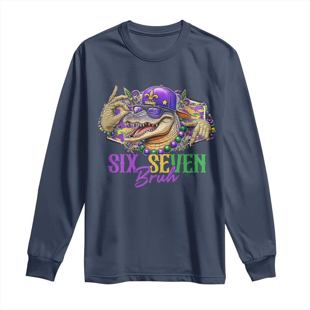 Funny Mardi Gras Six Seven Bruh Long Sleeve Shirt 67 Meme Mardigator Alligator TS11 Navy Print Your Wear