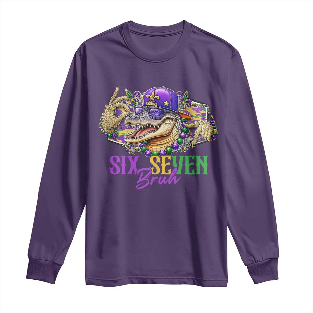 Funny Mardi Gras Six Seven Bruh Long Sleeve Shirt 67 Meme Mardigator Alligator TS11 Purple Print Your Wear