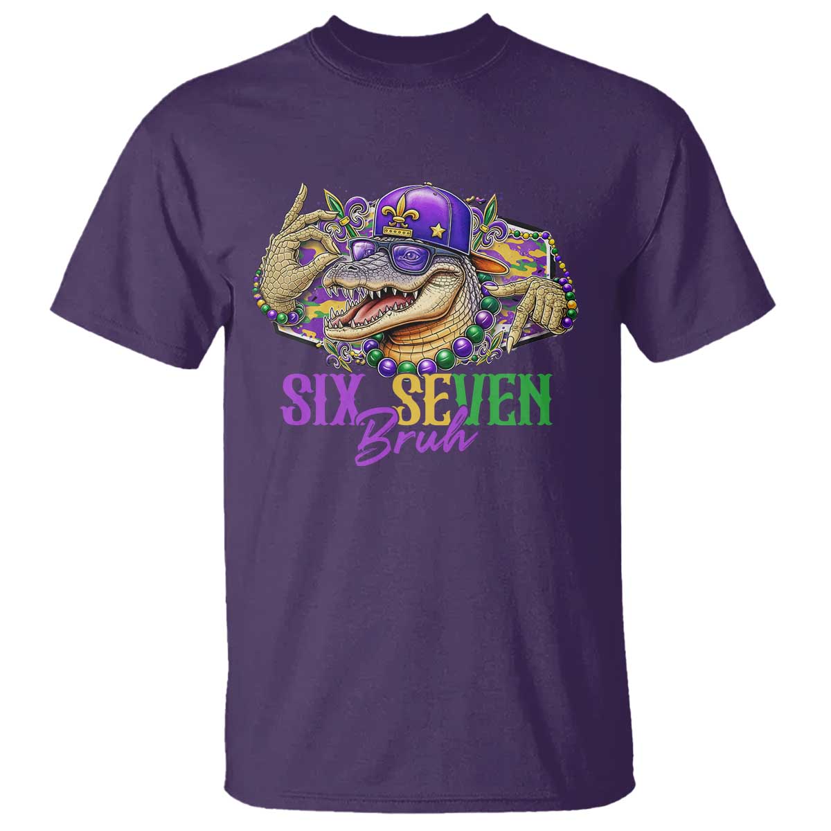 Funny Mardi Gras Six Seven Bruh T Shirt 67 Meme Mardigator Alligator TS11 Purple Print Your Wear