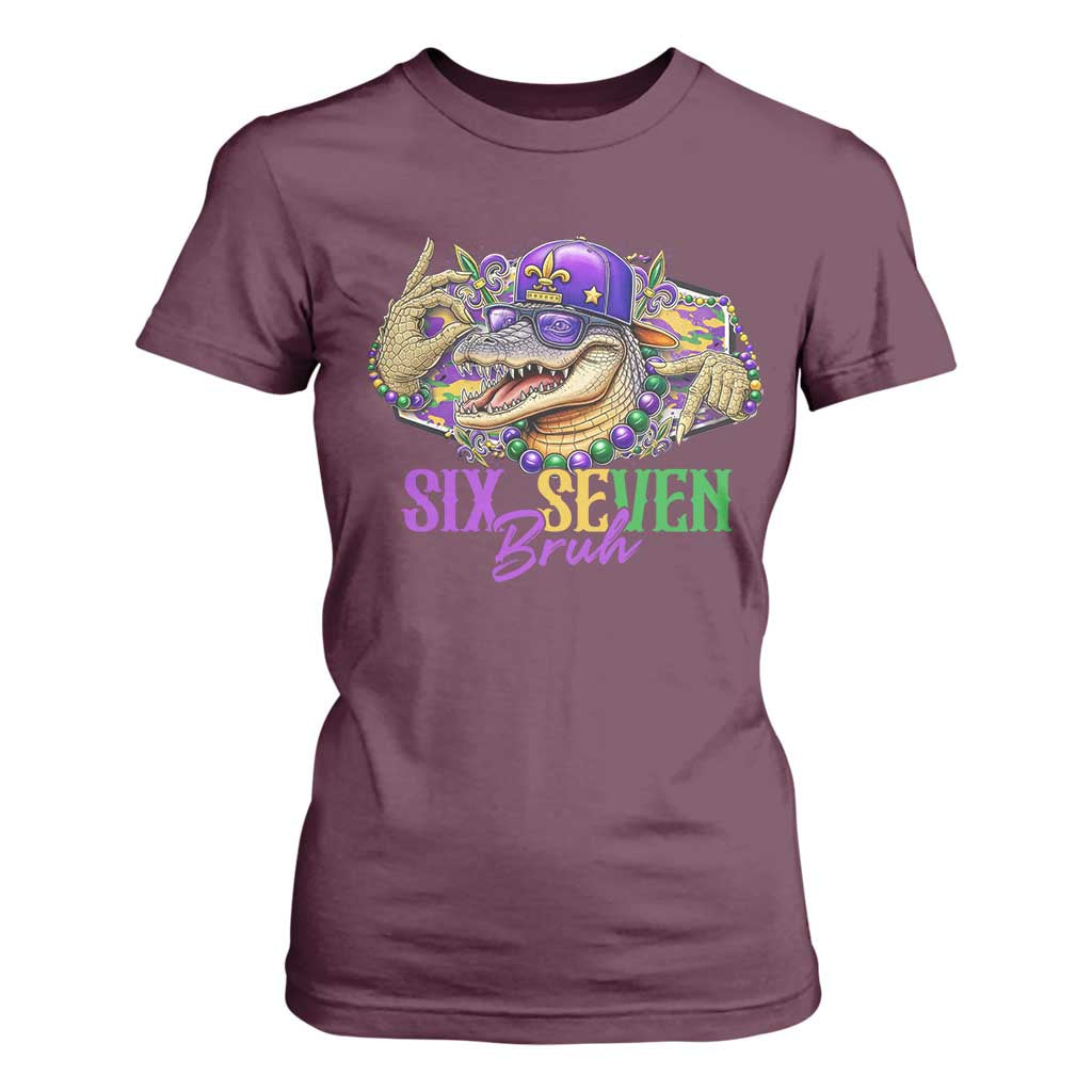 Funny Mardi Gras Six Seven Bruh T Shirt For Women 67 Meme Mardigator Alligator TS11 Maroon Print Your Wear