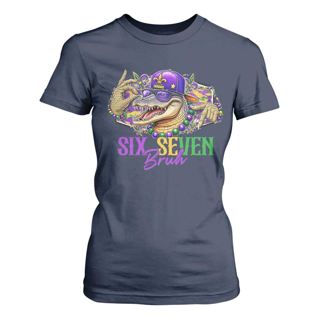 Funny Mardi Gras Six Seven Bruh T Shirt For Women 67 Meme Mardigator Alligator TS11 Navy Print Your Wear