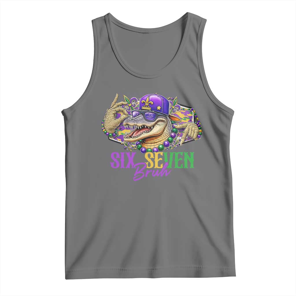 Funny Mardi Gras Six Seven Bruh Tank Top 67 Meme Mardigator Alligator TS11 Black Heather Print Your Wear