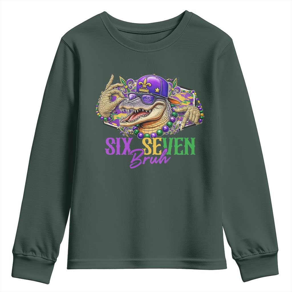 Funny Mardi Gras Six Seven Bruh Youth Sweatshirt 67 Meme Mardigator Alligator TS11 Dark Forest Green Print Your Wear