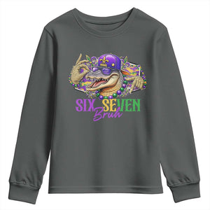 Funny Mardi Gras Six Seven Bruh Youth Sweatshirt 67 Meme Mardigator Alligator TS11 Dark Heather Print Your Wear