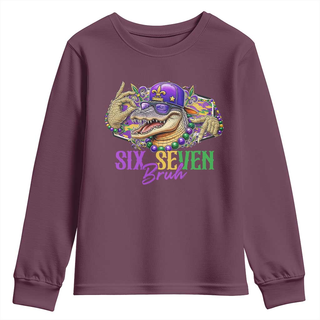 Funny Mardi Gras Six Seven Bruh Youth Sweatshirt 67 Meme Mardigator Alligator TS11 Maroon Print Your Wear