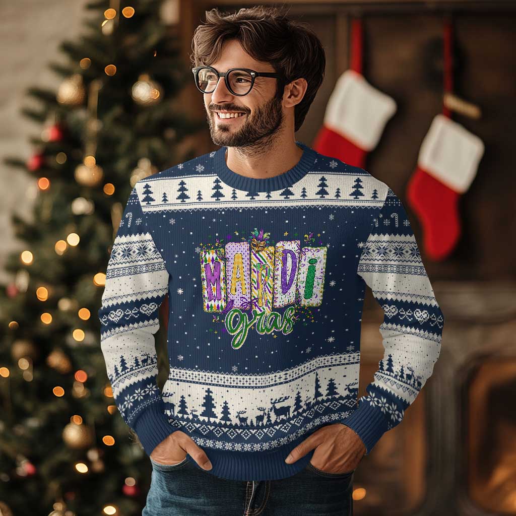 Mardi Gras Ugly Christmas Sweater New Orleans Carnival Girly Fat Tuesday TS11 Navy Beige Print Your Wear