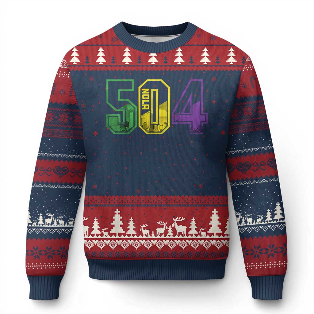 Mardi Gras 504 Nola New Orleans Louisiana LA Ugly Christmas Sweater TS11 Navy Red Print Your Wear