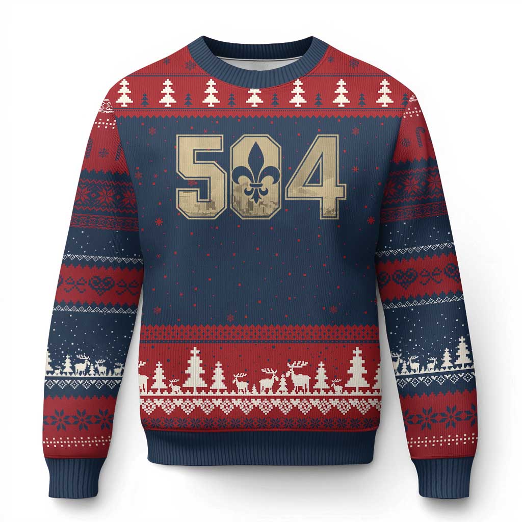 504 Nola New Orleans Louisiana LA Ugly Christmas Sweater Fleur De Lis TS11 Navy Red Print Your Wear