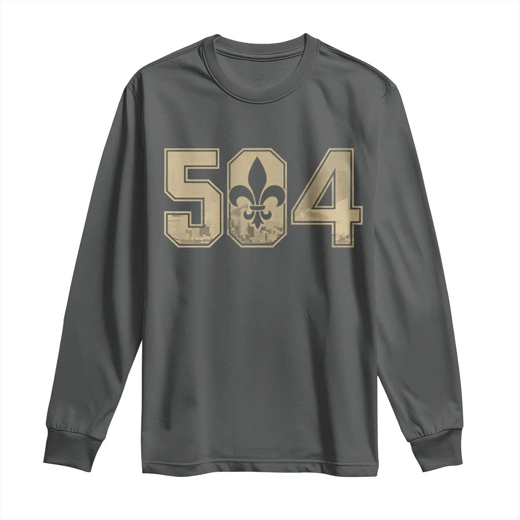 504 Nola New Orleans Louisiana LA Long Sleeve Shirt Fleur De Lis TS11 Dark Heather Print Your Wear