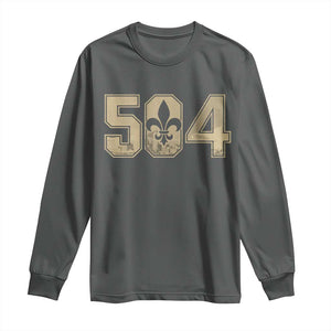 504 Nola New Orleans Louisiana LA Long Sleeve Shirt Fleur De Lis TS11 Dark Heather Print Your Wear