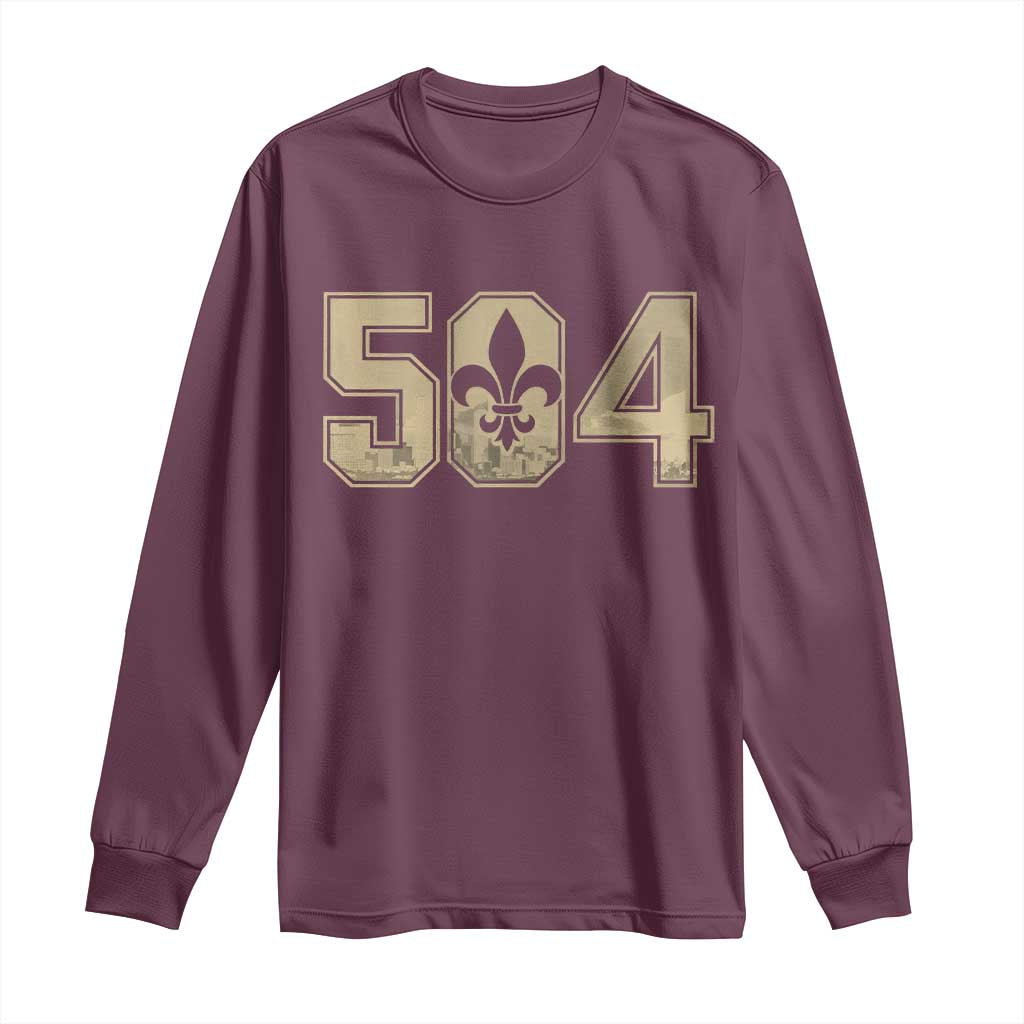 504 Nola New Orleans Louisiana LA Long Sleeve Shirt Fleur De Lis TS11 Maroon Print Your Wear
