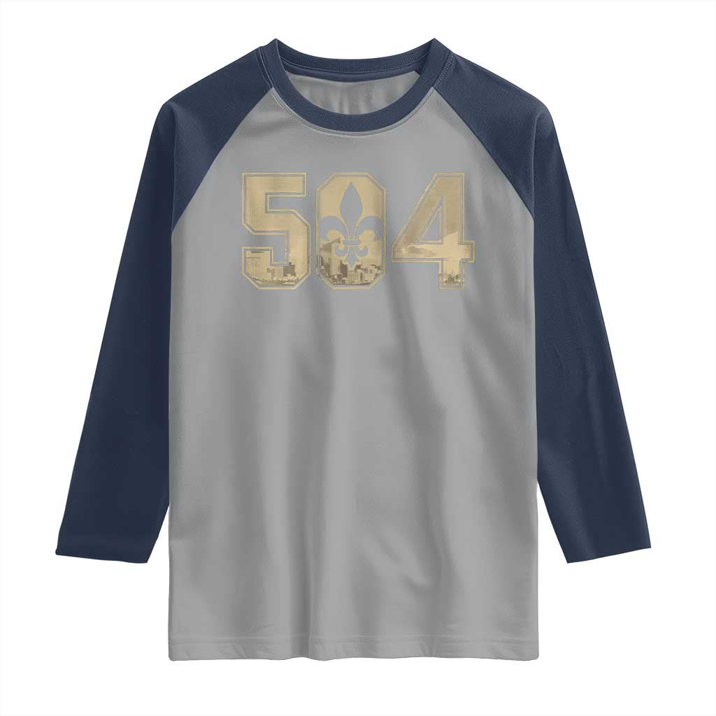 504 Nola New Orleans Louisiana LA Raglan Shirt Fleur De Lis TS11 Sport Gray Navy Print Your Wear