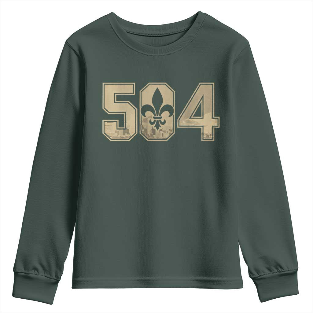 504 Nola New Orleans Louisiana LA Youth Sweatshirt Fleur De Lis TS11 Dark Forest Green Print Your Wear