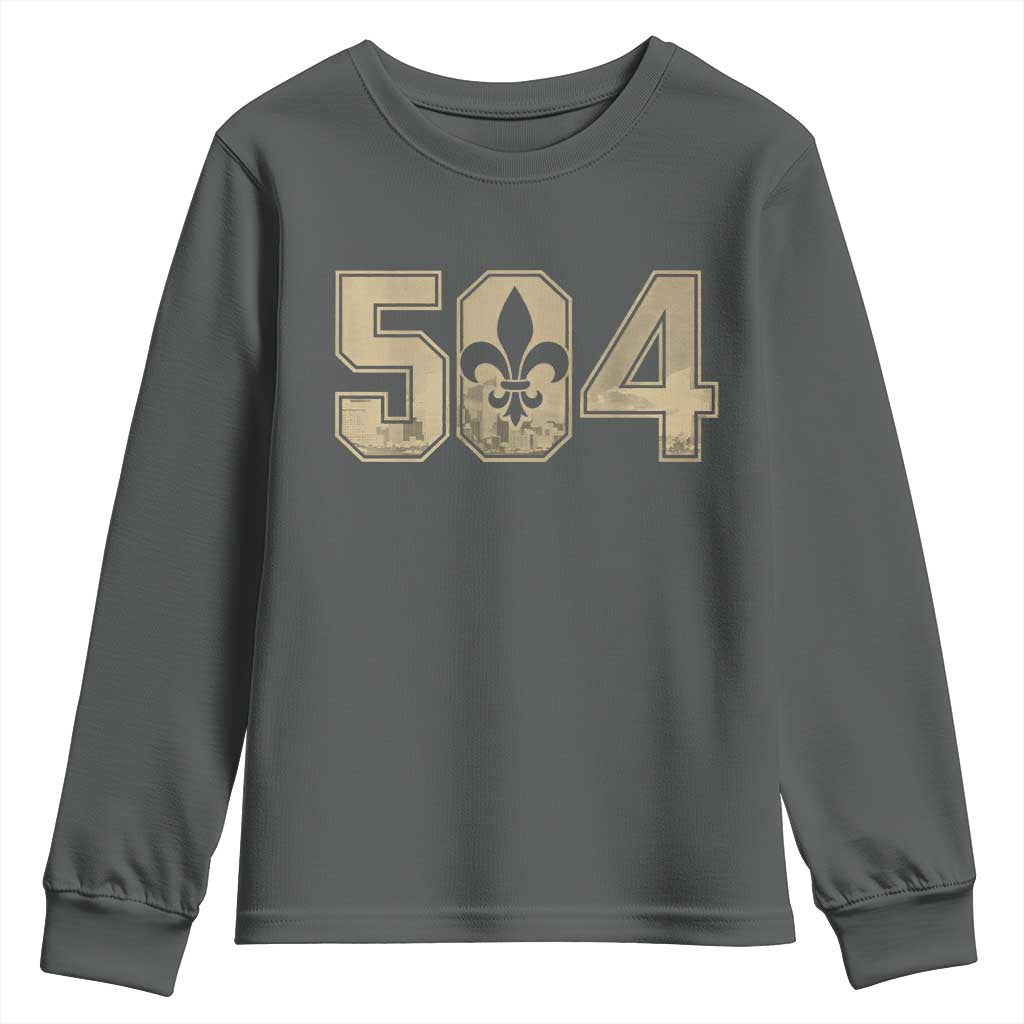 504 Nola New Orleans Louisiana LA Youth Sweatshirt Fleur De Lis TS11 Dark Heather Print Your Wear