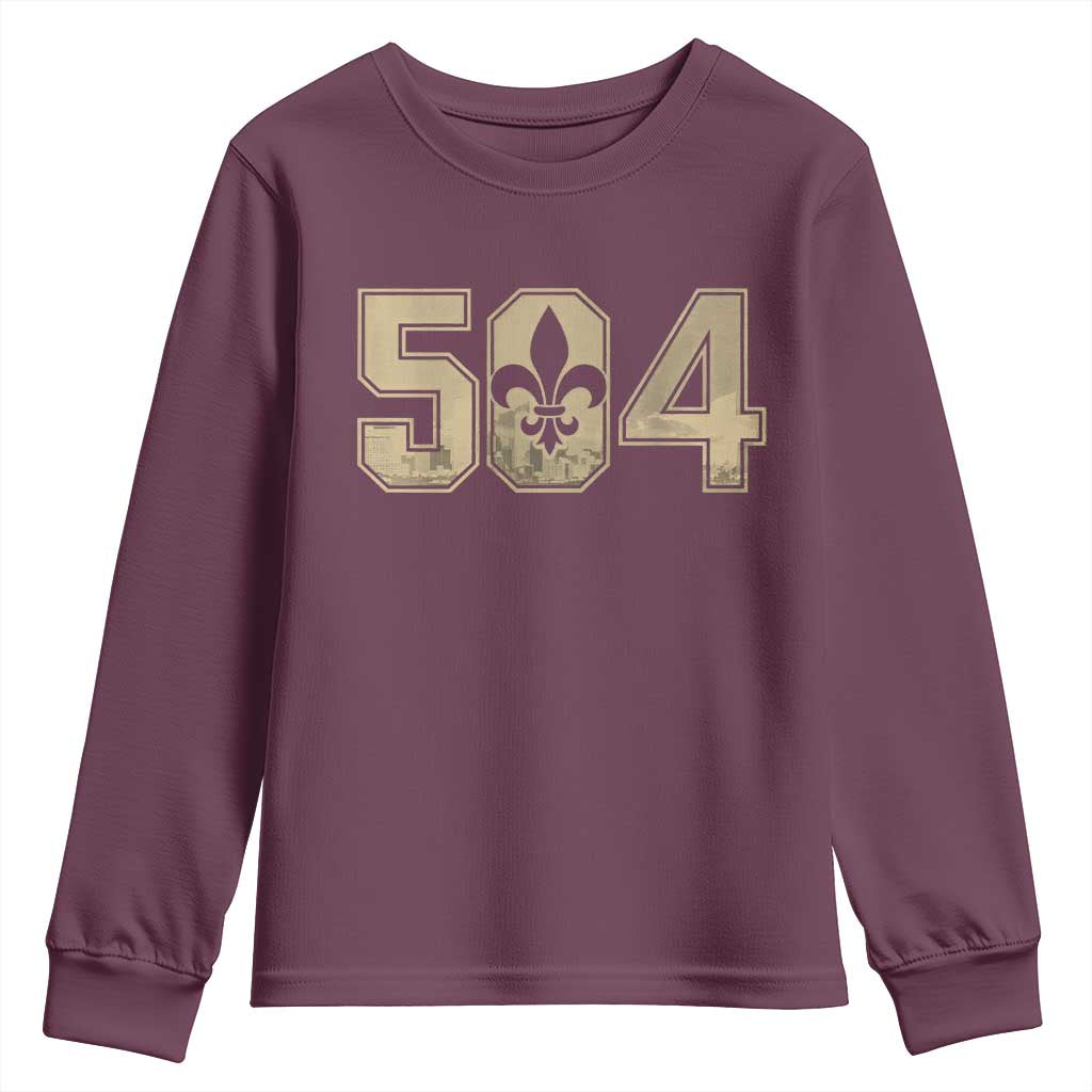 504 Nola New Orleans Louisiana LA Youth Sweatshirt Fleur De Lis TS11 Maroon Print Your Wear