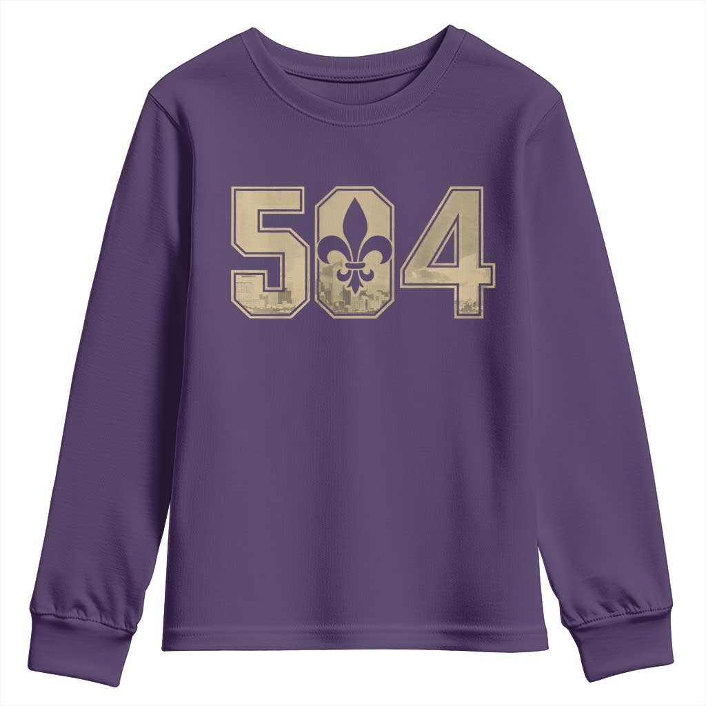 504 Nola New Orleans Louisiana LA Youth Sweatshirt Fleur De Lis TS11 Purple Print Your Wear