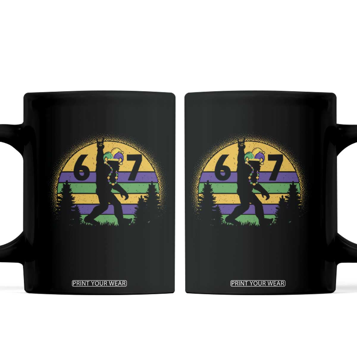 Funny Bigfoot 67 Mardi Gras Coffee Mug Sasquatch Parade Jester Hat TS11 Black Print Your Wear