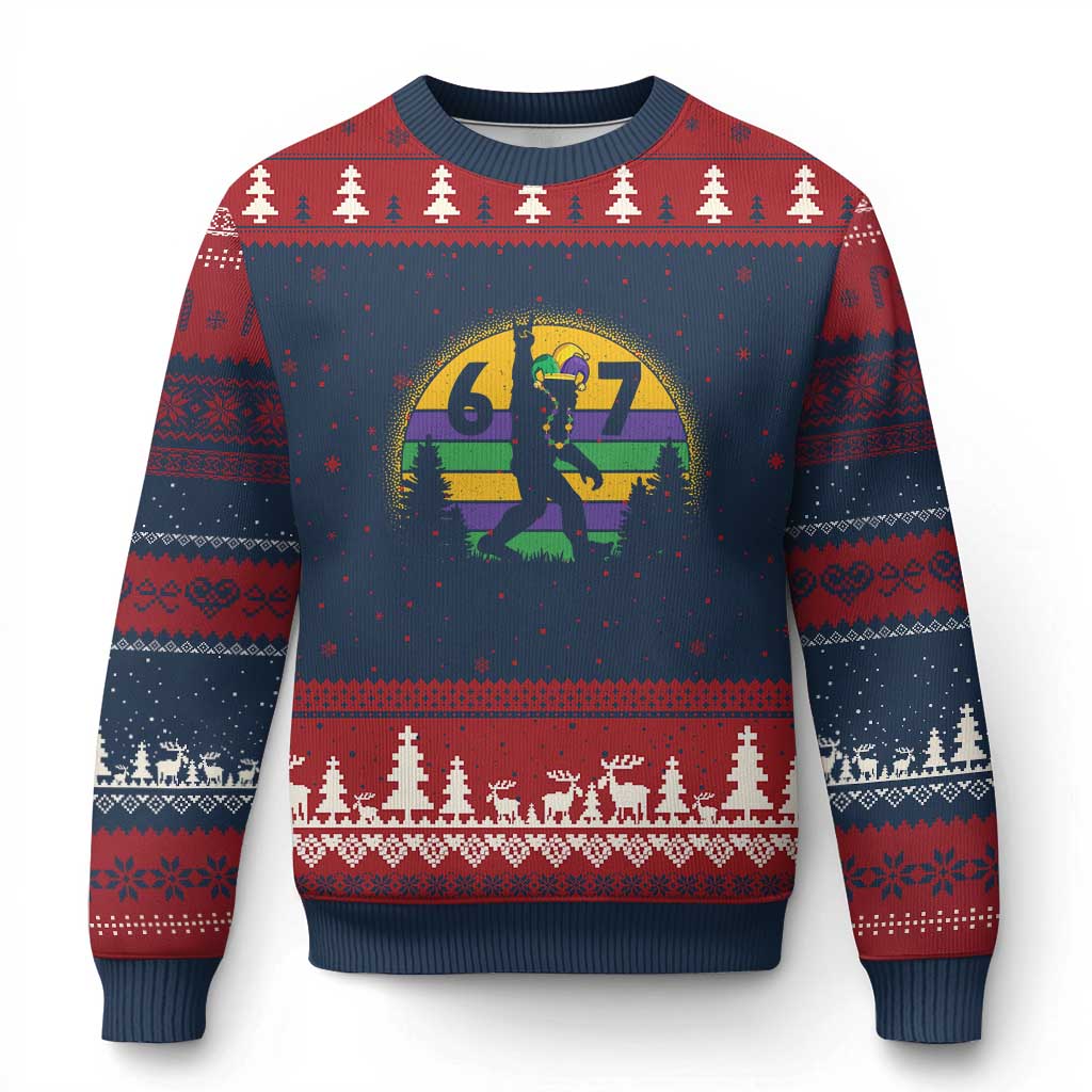 Funny Bigfoot 67 Mardi Gras Ugly Christmas Sweater Sasquatch Parade Jester Hat TS11 Navy Red Print Your Wear