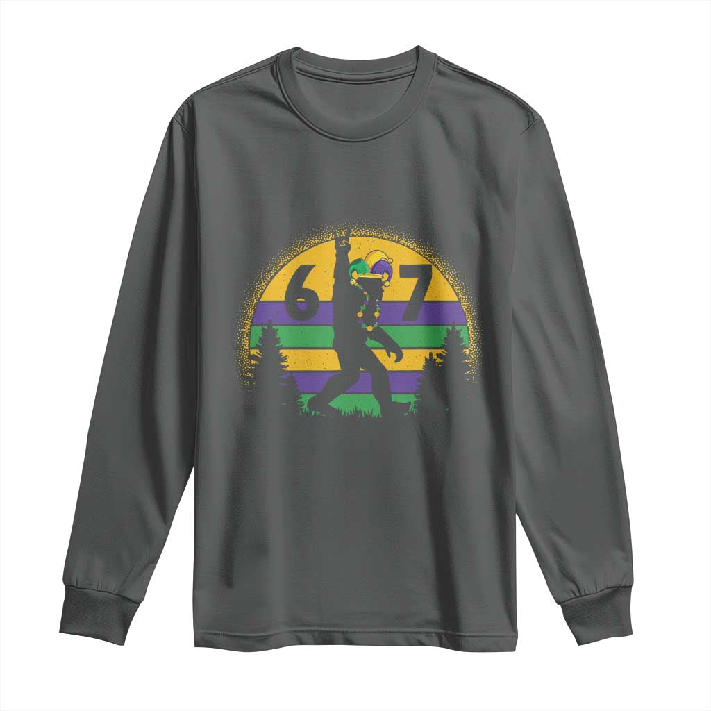 Funny Bigfoot 67 Mardi Gras Long Sleeve Shirt Sasquatch Parade Jester Hat TS11 Dark Heather Print Your Wear