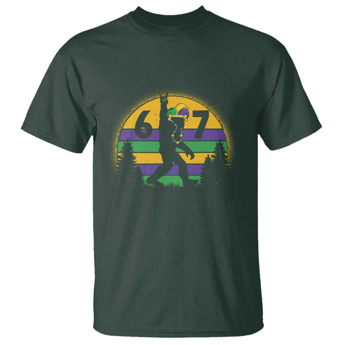 Funny Bigfoot 67 Mardi Gras T Shirt Sasquatch Parade Jester Hat TS11 Dark Forest Green Print Your Wear