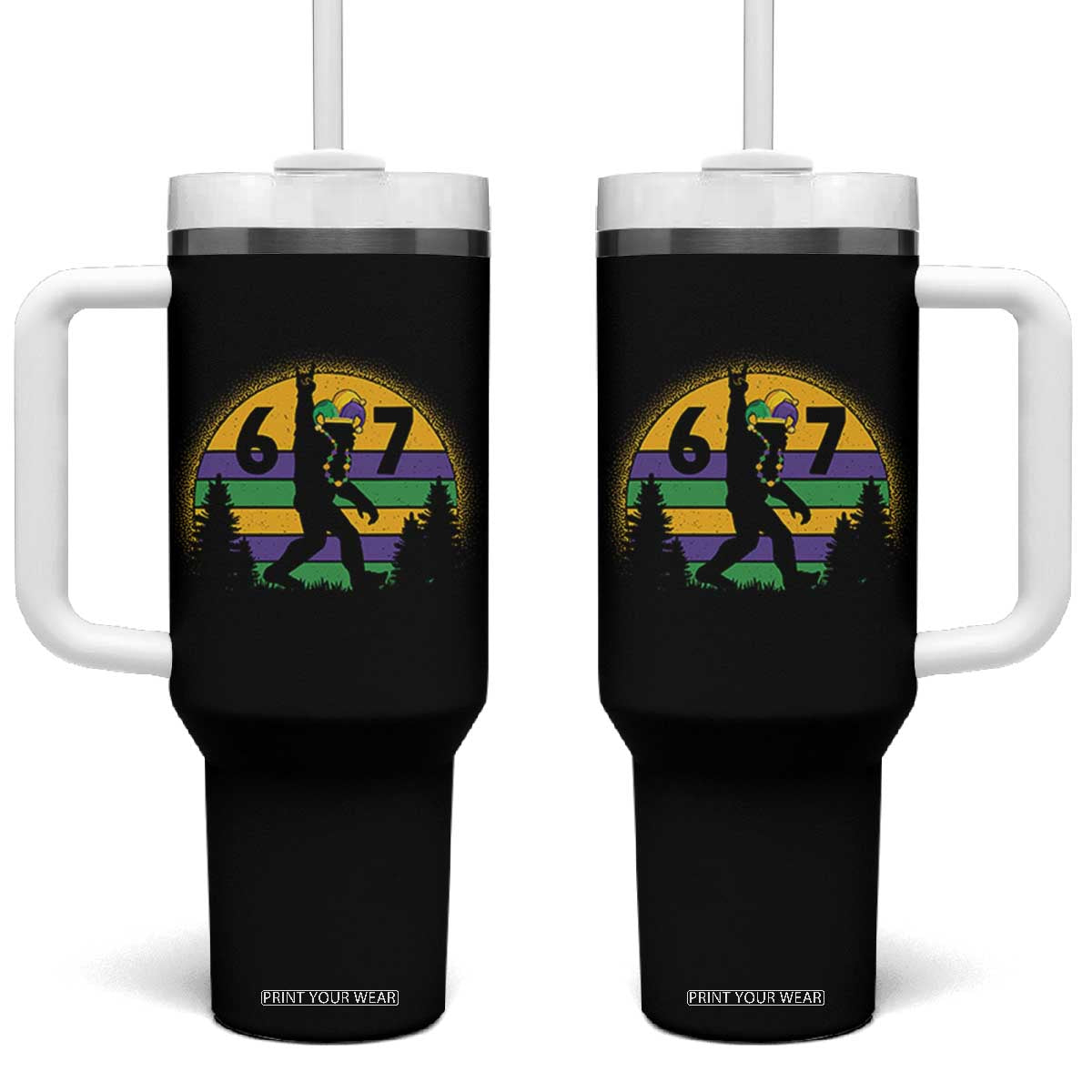 Funny Bigfoot 67 Mardi Gras Tumbler With Handle Sasquatch Parade Jester Hat TS11 One Size: 40 oz Black Print Your Wear