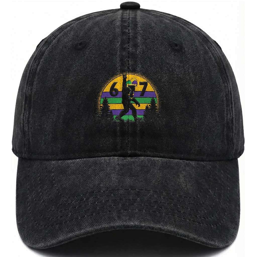 Funny Bigfoot 67 Mardi Gras Washed Cotton Baseball Cap Sasquatch Parade Jester Hat TS11 Print Your Wear