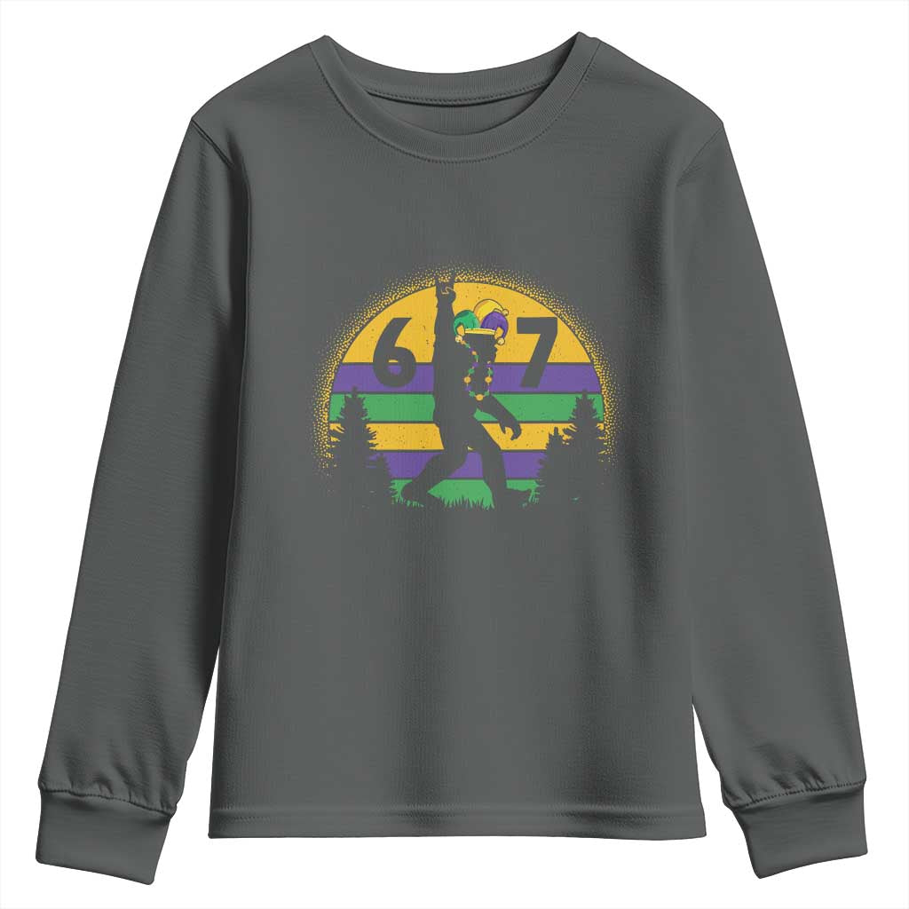 Funny Bigfoot 67 Mardi Gras Youth Sweatshirt Sasquatch Parade Jester Hat TS11 Dark Heather Print Your Wear