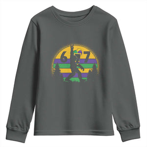 Funny Bigfoot 67 Mardi Gras Youth Sweatshirt Sasquatch Parade Jester Hat TS11 Dark Heather Print Your Wear