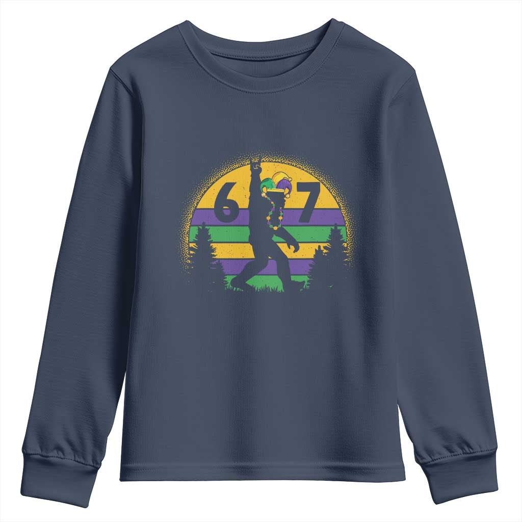 Funny Bigfoot 67 Mardi Gras Youth Sweatshirt Sasquatch Parade Jester Hat TS11 Navy Print Your Wear