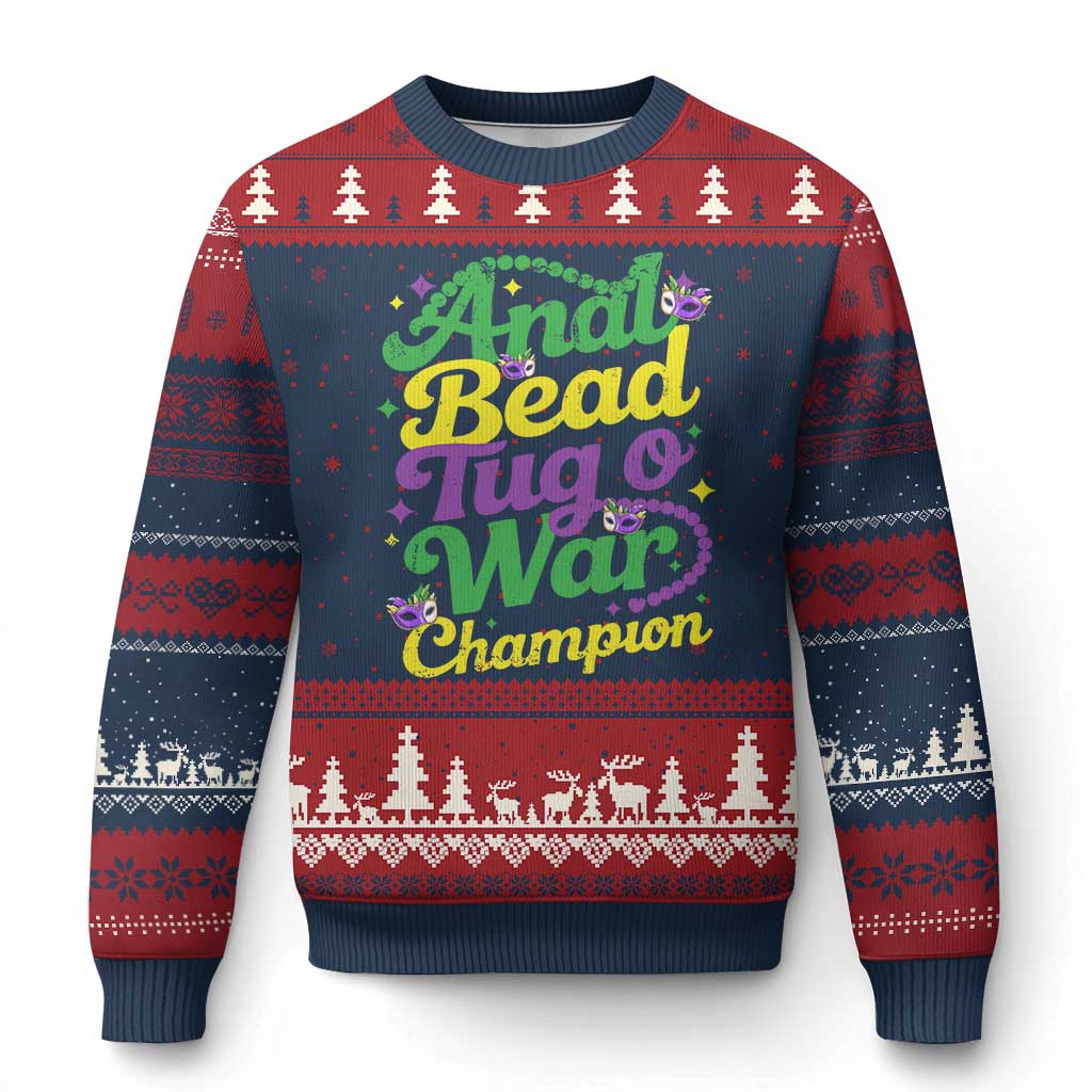 Funny Anal Bead Tug O War Mardi Gras Ugly Christmas Sweater Fat Tuesday Carnival Adult Humor TS11 Navy Red Print Your Wear