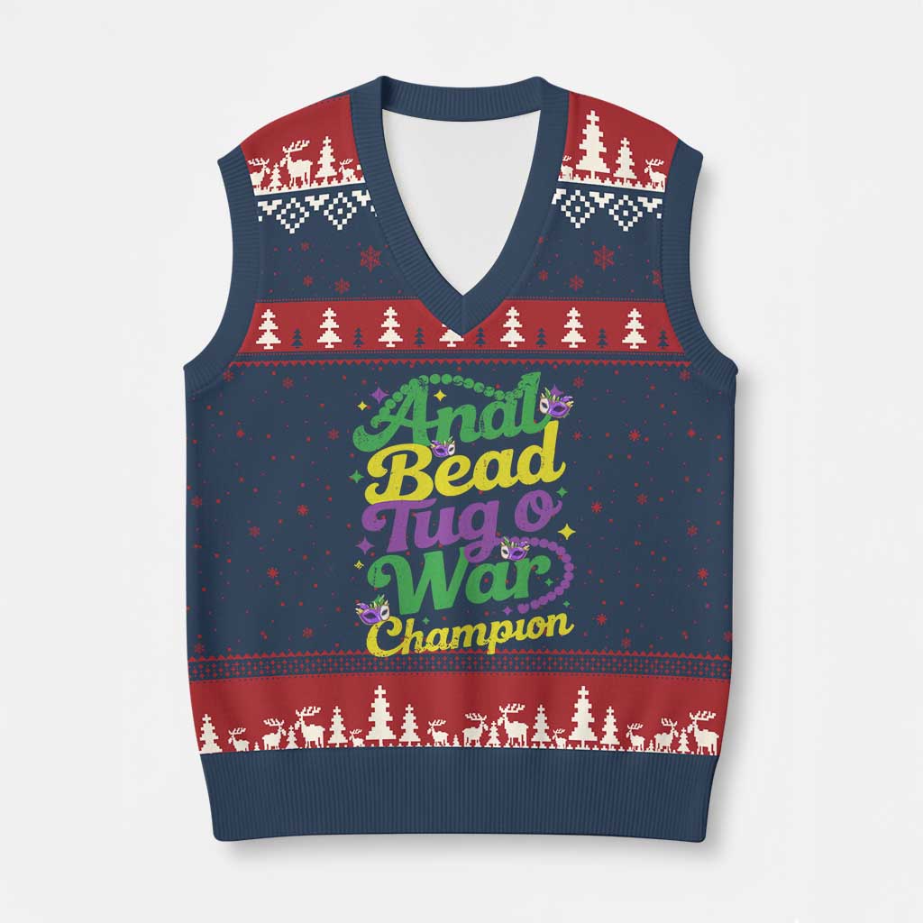 Funny Anal Bead Tug O War Mardi Gras V-Neck Knit Sweater Vest Fat Tuesday Carnival Adult Humor TS11 Navy Red Print Your Wear