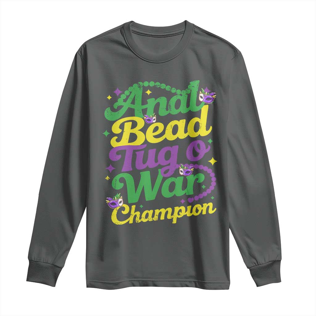 Funny Anal Bead Tug O War Mardi Gras Long Sleeve Shirt Fat Tuesday Carnival Adult Humor TS11 Dark Heather Print Your Wear