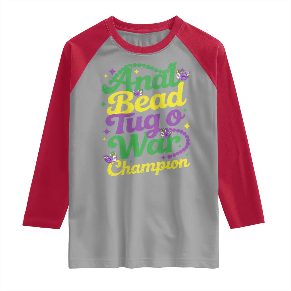 Funny Anal Bead Tug O War Mardi Gras Raglan Shirt Fat Tuesday Carnival Adult Humor TS11 Sport Gray Red Print Your Wear
