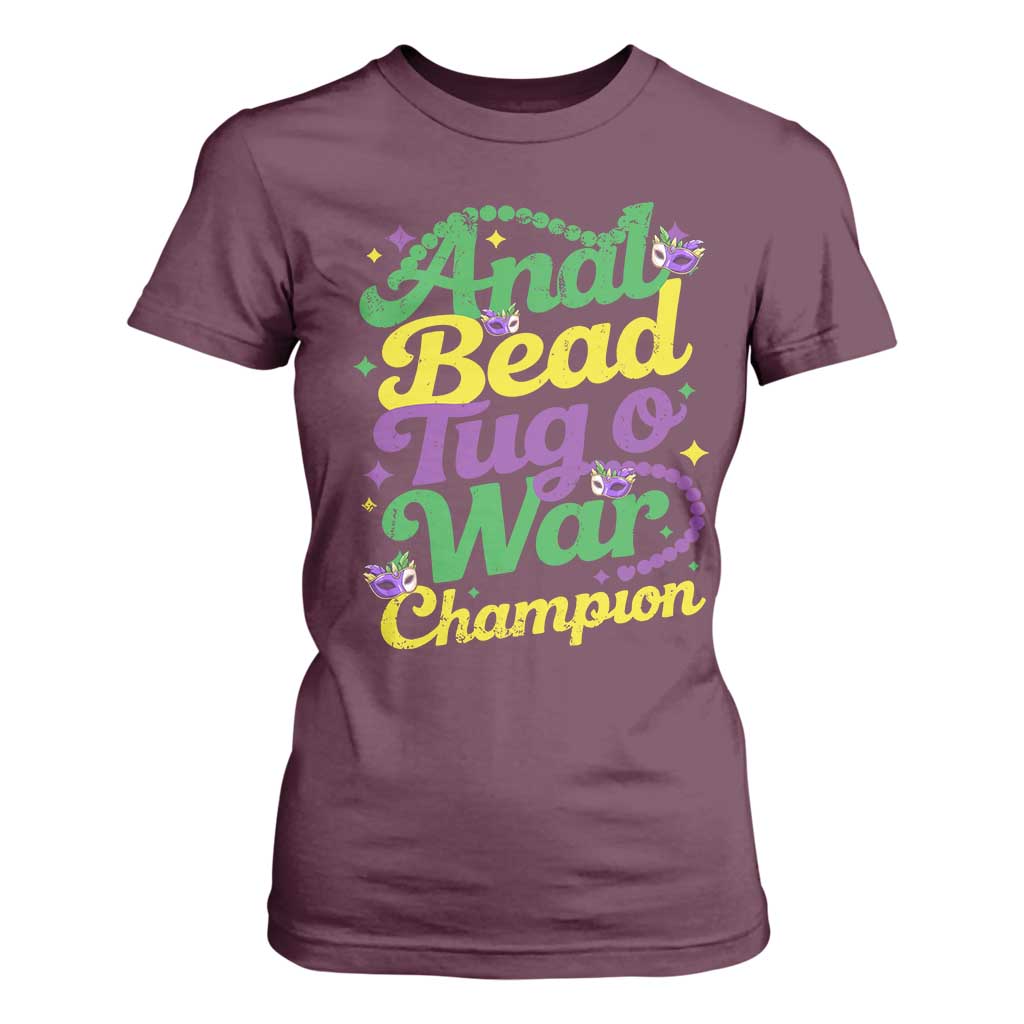 Funny Anal Bead Tug O War Mardi Gras T Shirt For Women Fat Tuesday Carnival Adult Humor TS11 Maroon Print Your Wear