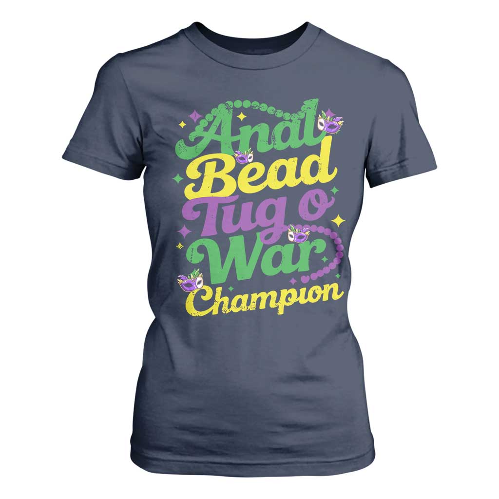 Funny Anal Bead Tug O War Mardi Gras T Shirt For Women Fat Tuesday Carnival Adult Humor TS11 Navy Print Your Wear
