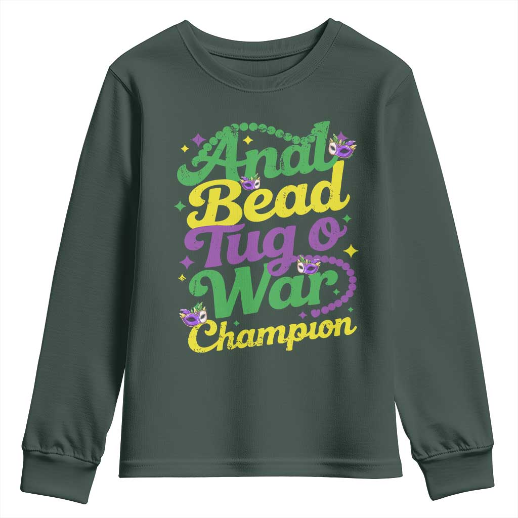 Funny Anal Bead Tug O War Mardi Gras Youth Sweatshirt Fat Tuesday Carnival Adult Humor TS11 Dark Forest Green Print Your Wear
