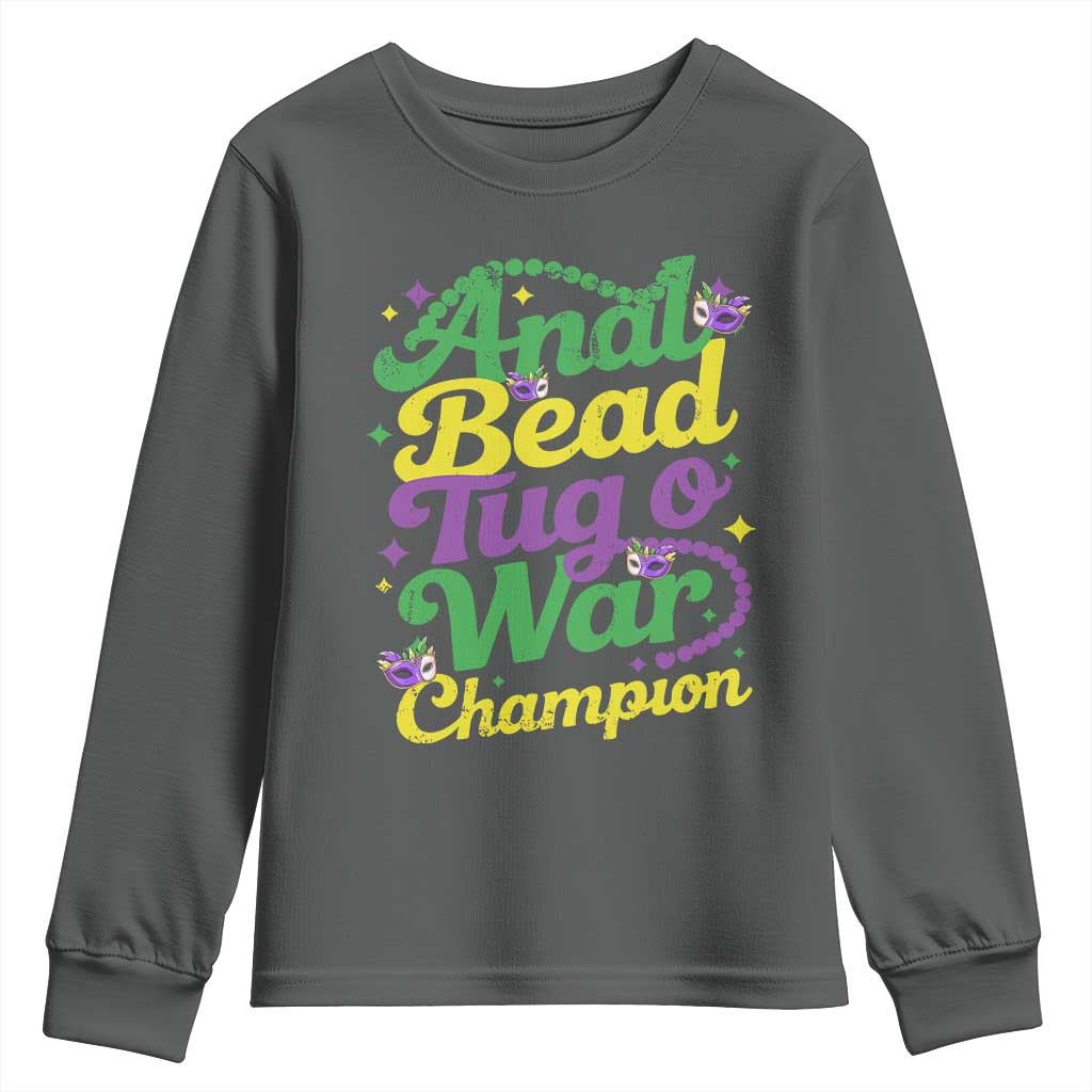 Funny Anal Bead Tug O War Mardi Gras Youth Sweatshirt Fat Tuesday Carnival Adult Humor TS11 Dark Heather Print Your Wear