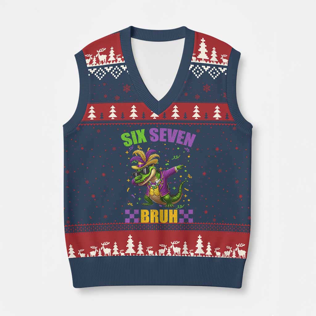 Funny 67 Mardi Gras Alligator V-Neck Knit Sweater Vest Six Seven Bruh Mardigator Dabbing Crocodile TS11 Navy Red Print Your Wear