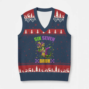 Funny 67 Mardi Gras Alligator V-Neck Knit Sweater Vest Six Seven Bruh Mardigator Dabbing Crocodile TS11 Navy Red Print Your Wear